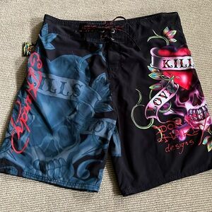 Ed Hardy Swim Trunks Size 38 Black Graphic Skull Love Kill Rose Board Shorts Y2K